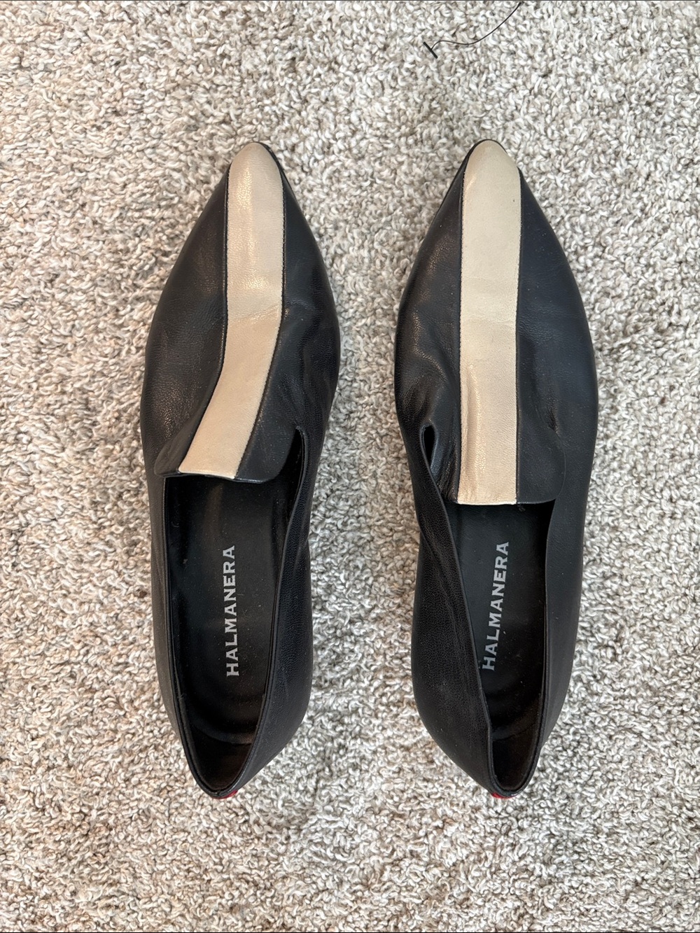 HALMANERA Black Leather Pointed Flats with Cream Center Stripe
